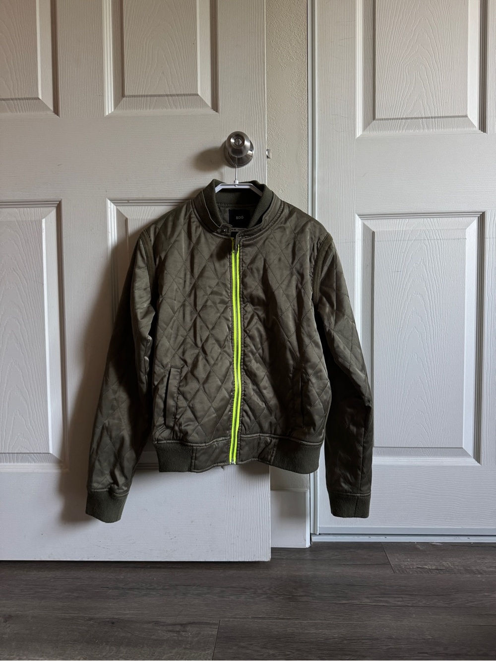 Urban Outfits BDG Quilted Bomber Jacket with Neon Zip - Olive